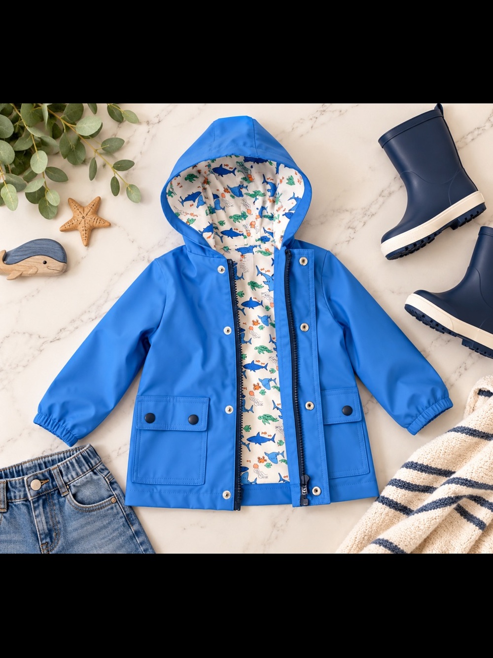 Tommy Bahama Bright Blue Hooded Raincoat with Shark Lining